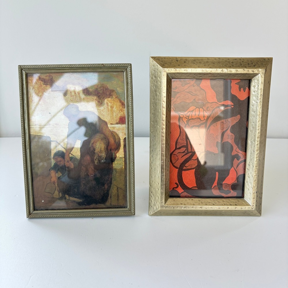 Vintage Gold Tone Tabletop Picture Frame Set Hammered and Beaded Metal 5x7 2pc